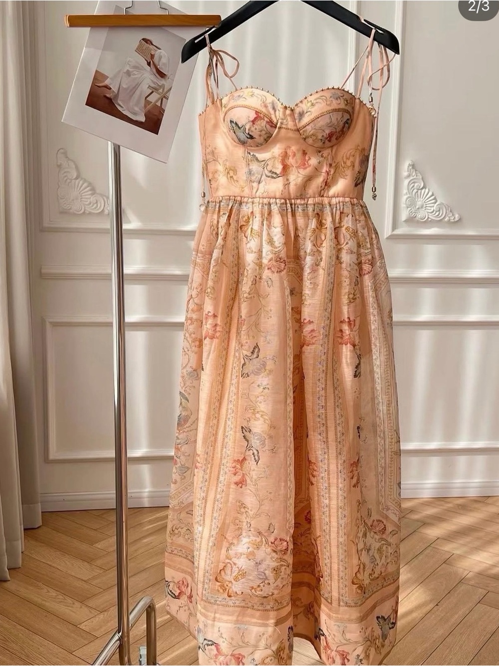 Zimmerman Elegant Peach Floral Midi Dress with Corset Bodice - Picture 4 of 11